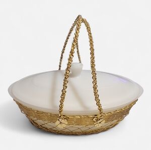 Vintage Glasbake White Milk Glass Casserole Dish with a Lid and Gold Carrier